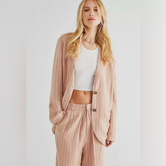 NEW Free People Vida LINEN Oversized Blazer Jacket In Pink Rose Pinstripe Size S - Picture 1 of 13